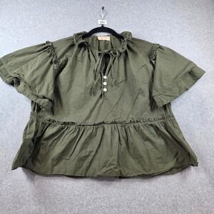 Sofia Made in Italy Womens Olive Green Ruffle Tiered Flutter Sleeve Peplum Blous